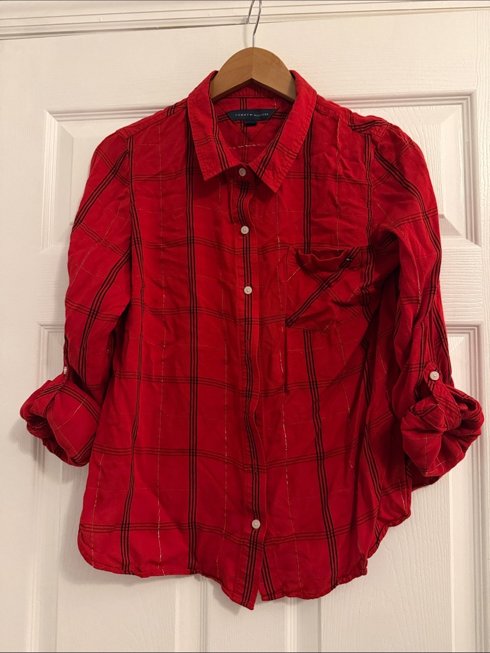 Tommy Hilfiger Red Plaid Long-Sleeve Button-Up Shirt for teen girls.